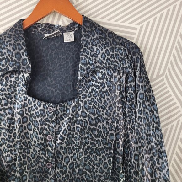 Vintage Y2K Satin Top Plus size 22/24 3X button up Leopard Cheetah Grey Silver - Picture 3 of 7